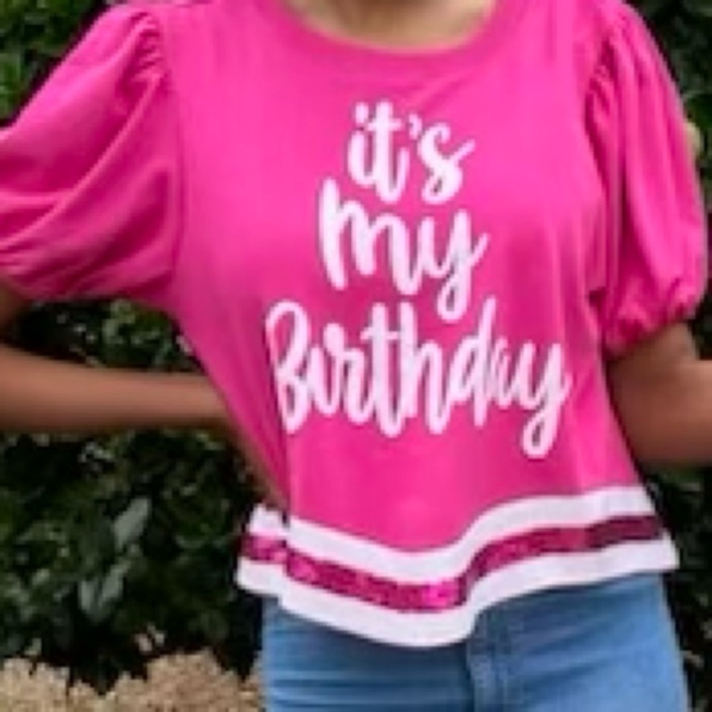Pink It’s my birthday boutique top with sequins and puff sleeves